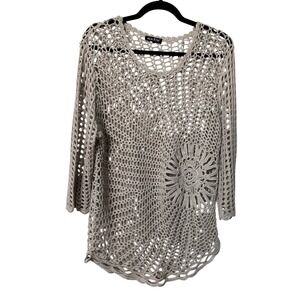 Y2K Marble Womens Beige Crochet Open Knit Floral Medallion Swim Cover Up Top